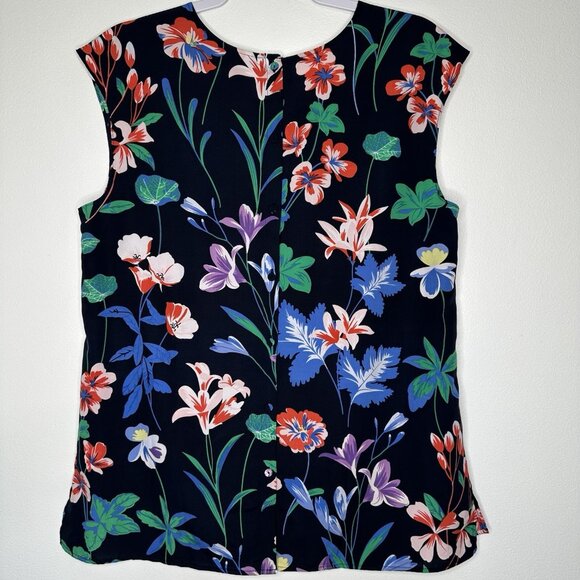Talbots Blouse Sleeveless Size 12 Navy Blue Floral Button Back - Picture 2 of 7